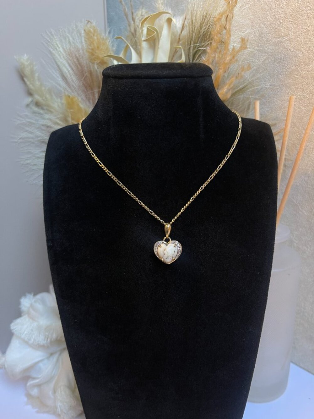 Natural Magnesite Heart Pendant 925 Italy Figaro Chain White Zircon Accents